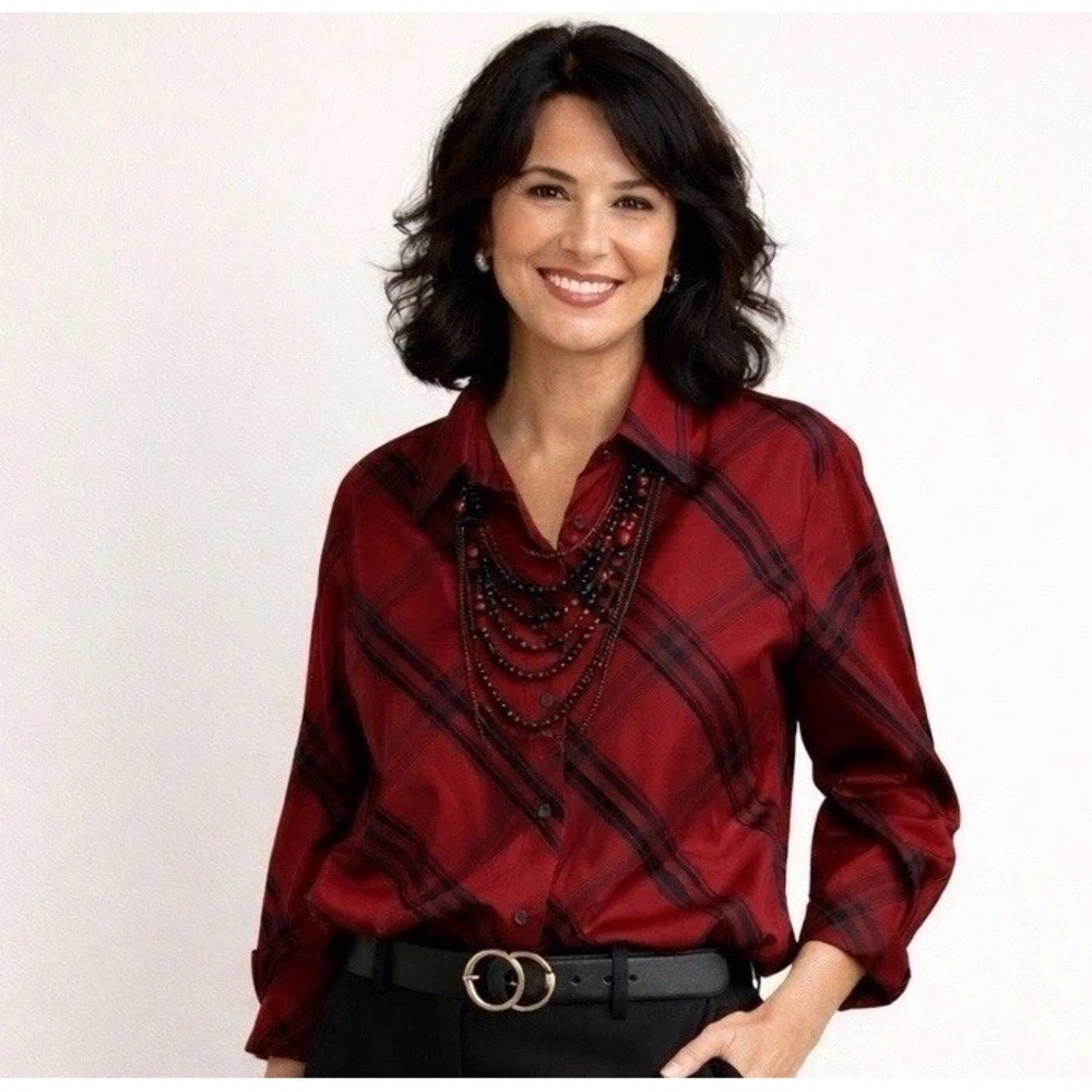 Coldwater Creek Women's Size M 100% Silk Red Plaid Button Front Blouse NWT